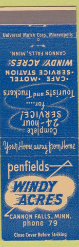 Matchbook Cover - Penfields Windy Acres Cannon Falls MN low phone #
