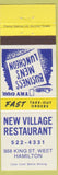 Matchbook Cover - New Village Restaurant Hamilton ON