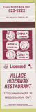 Matchbook Cover - Village Hideaway Restaurant Mississauga ON