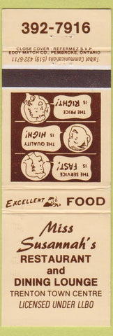 Matchbook Cover - Miss Susannah's Restaurant Trenton Town Centre ON