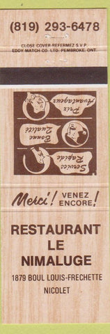 Matchbook Cover - Restaurant Le Nimaluge Nicolet QC