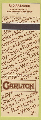 Matchbook Cover - Carlton Bloomington MN Bob Hope Tom Jones Liberace