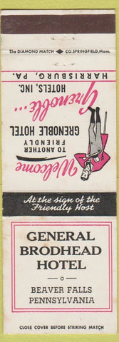Matchbook Cover - General Brodhead Hotel Beaver Falls PA WEAR