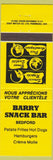 Matchbook Cover - Barry Snack Bar Bedford QC hamburgers yellow