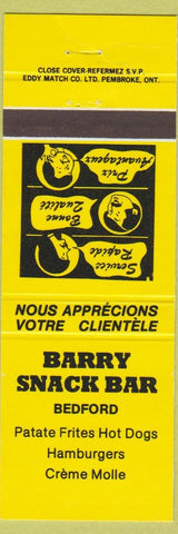 Matchbook Cover - Barry Snack Bar Bedford QC hamburgers yellow
