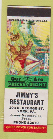 Matchbook Cover - Jimmy's Restaurant York PA