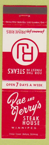 Matchbook Cover - Rae and Jerry's Steak House Winnipeg MB