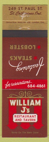 Matchbook Cover - William J's Restaurant St Catharines ON