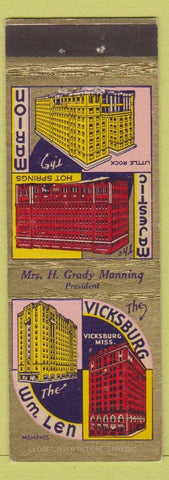 Matchbook Cover - Hotels Memphis TN Hot Springs Little Rock AR Vicksburg MS