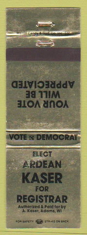 Matchbook Cover - Arden Kaser Registarar Adams WI WEAR