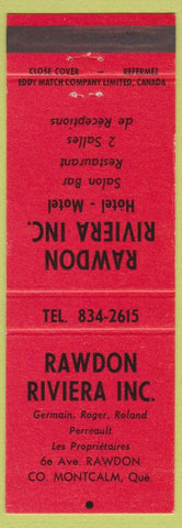 Matchbook Cover - Rawdon Riviera Co Montcalm QC Hotel Motel
