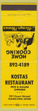 Matchbook Cover - Kostas Restaurant Hamilton OH yellow