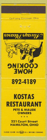 Matchbook Cover - Kostas Restaurant Hamilton OH yellow