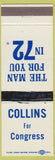 Matchbook Cover - Collins for Congress 1972 REPUBLICAN BLACKED OUT