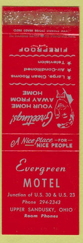 Matchbook Cover - Evergreen Motel Upper Sandusky OH WORN