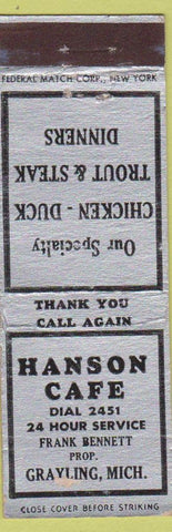 Matchbook Cover - Hanson Cafe Grayling MI Federal