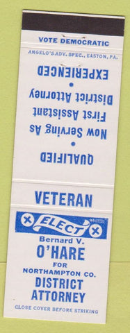 Matchbook Cover - Bernard O'Hare District Attorney Northampton PA