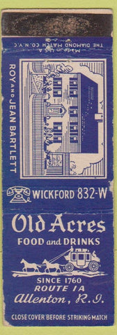 Matchbook Cover - Old Acres Restaurant Allenton RI WEAR