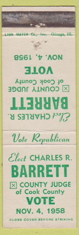 Matchbook Cover - Charles R Barrett County Judge Cook County IL WEAR