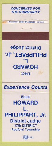 Matchbook Cover - Howard L Philippart Jr District Judge WEAR Redford Township