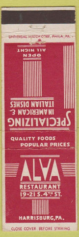 Matchbook Cover - Alva Restaurant Harrisburg PA