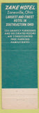 Matchbook Cover - Zane Hotel Zanesville OH