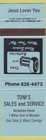 Matchbook Cover - Toni's Sales Service Nickoman Island BC light blue
