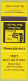 Matchbook Cover - Toni's Sales Service Nickoman Island BC yellow