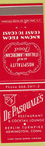 Matchbook Cover - De Pasquale's Restaurant Newington CT