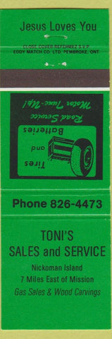 Matchbook Cover - Toni's Sales Service Nickoman Island BC green