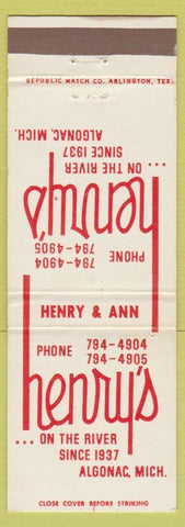 Matchbook Cover - Henry's Restaurant Algonac MI
