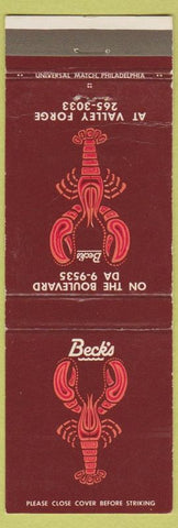 Matchbook Cover - Beck's Restaurant King Of Prussia PA Philadelphia lobster