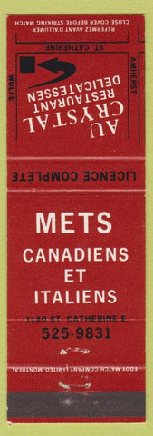 Matchbook Cover - Au Crystal Restaurant Deli Montreal QC