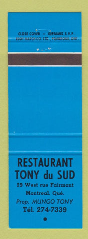 Matchbook Cover - Restaurant Tony Du Sud Montreal QC