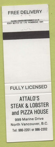 Matchbook Cover - Attalo's Steak Lobster Pizza North Vancouver BC