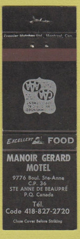 Matchbook Cover - Manoir Gerard Motel Ste Anne De Beaupre QC