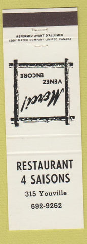 Matchbook Cover - Restaurant 4 Saisons Montreal QC