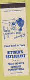 Matchbook Cover - Bittner's Restaurant Somerset PA