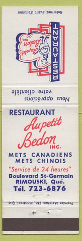 Matchbook Cover - Au Petit Bedon Restaurant Rimouski QC