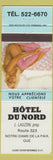 Matchbook Cover - Hotel Du Nord Notre Dame De La Paix QC pinup blue band