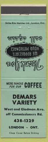 Matchbook Cover - Demars Variety Store London ON green