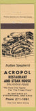 Matchbook Cover - Acropol Restaurant Pizza Stratford ON
