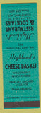 Matchbook Cover - Highland's Cheese Baket Sturtevant WI teal