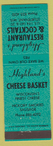 Matchbook Cover - Highland's Cheese Baket Sturtevant WI teal