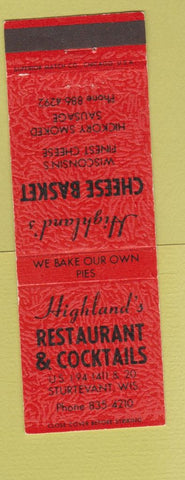 Matchbook Cover - Highland's Cheese Baket Sturtevant WI red