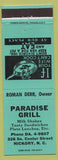 Matchbook Cover - Paradise Grill Hickory NC teal