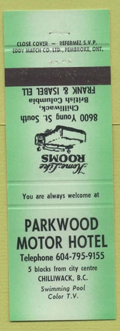 Matchbook Cover - Parkwood Motor Hotel Chilliwack BC green
