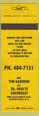 Matchbook Cover - Ed Shults Chevrolet Jamestown NY Tim Kardeen yellow