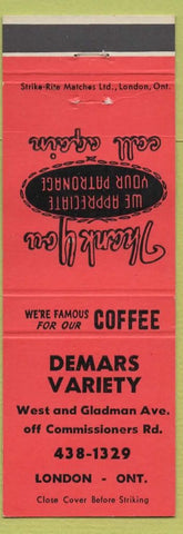Matchbook Cover - Demars Variety London ON red