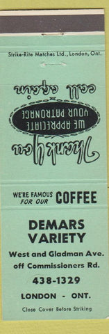 Matchbook Cover - Demars Variety London ON light green
